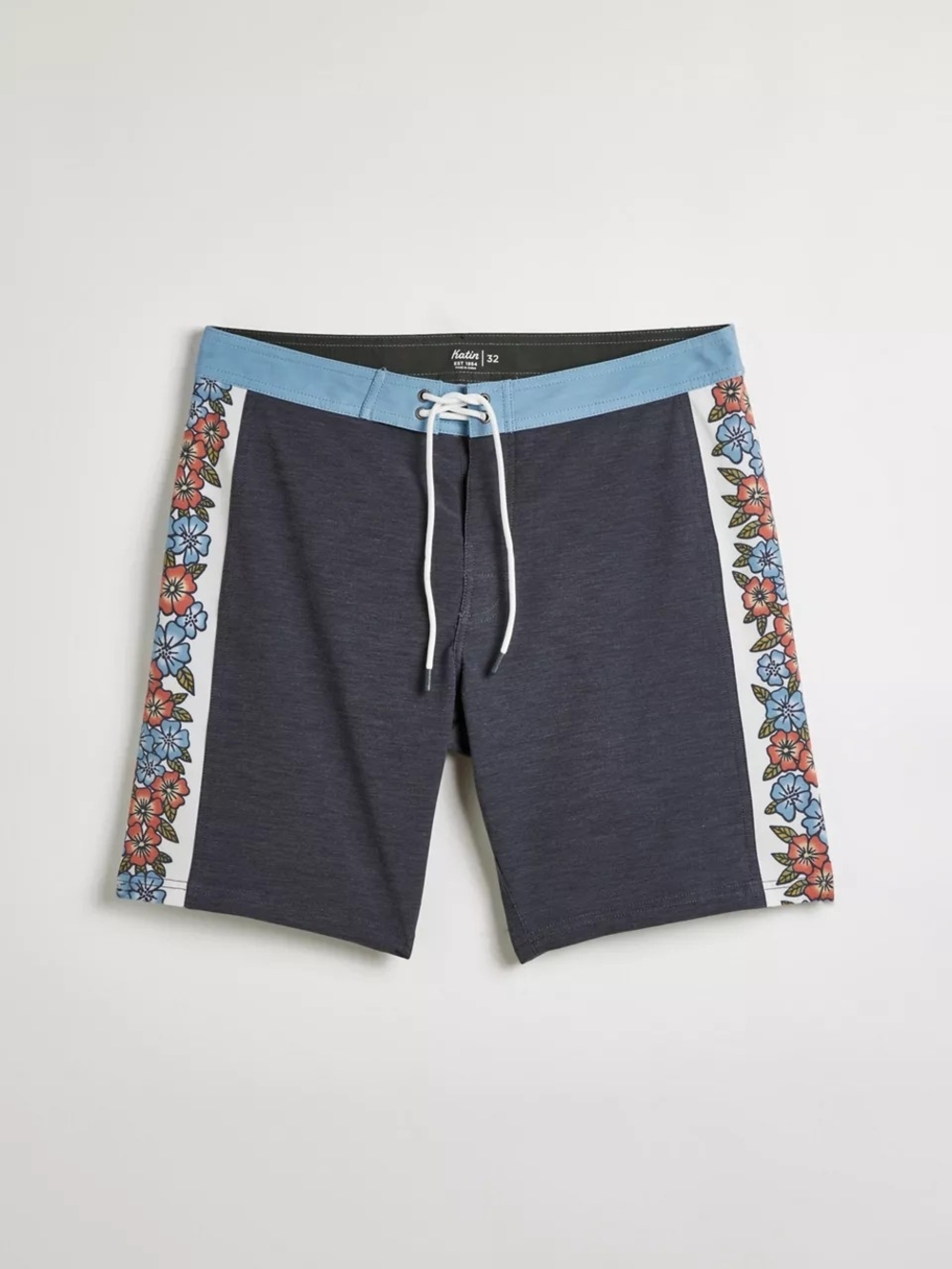Katin Navy Board Shorts with Light Blue Waistband and Floral Side Panels
